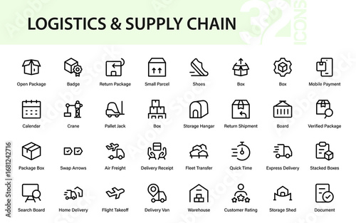 Professional logistics delivery chain line icon set. Modern simple vector illustrations with shipping, warehouse, trade, and storage graphics.