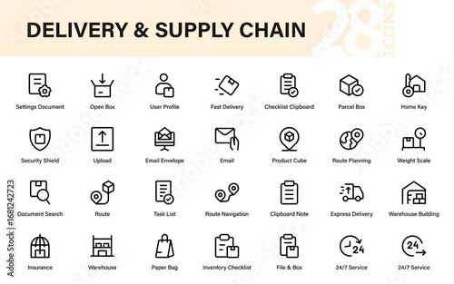 Modern supply chain logistics line icon pack. Professional vector collection with delivery, transport, storage, and economic trade elements.