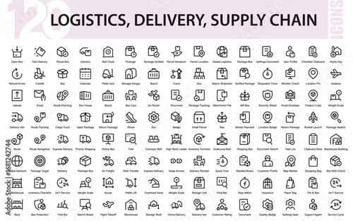Logistics supply chain modern line icon set. Professional vector pack highlighting shipping, delivery, transport, storage, and distribution elements.