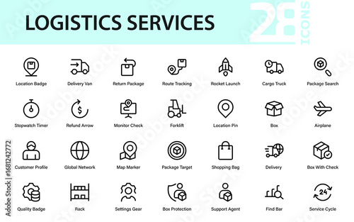 Supply chain and logistics line icon collection. Professional minimal vector set with delivery, global trade, warehouse, and shipment graphics.