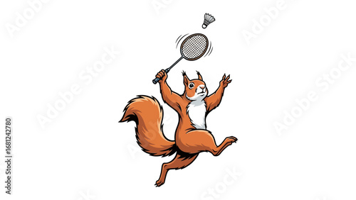 Playful Squirrel's Badminton Match: A cheerful squirrel leaps to smash a badminton shuttlecock, a playful illustration capturing the joy of sport.