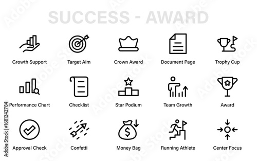 Modern Success Reward Line Icon Collection. Professional business recognition, achievement, and award symbol vector set with unique minimal financial elements.
