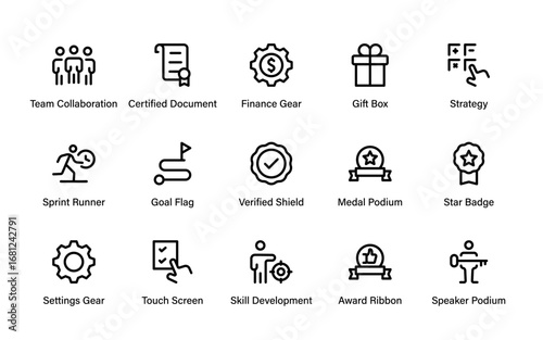 Modern Achievement Hardwork Line Icon Collection. Professional recognition, reward, and career success vector pack with minimal creative financial elements.