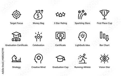 Professional Trophy Medal Line Icon Pack. Modern minimal award, achievement, and recognition symbols vector design collection with financial business concept.