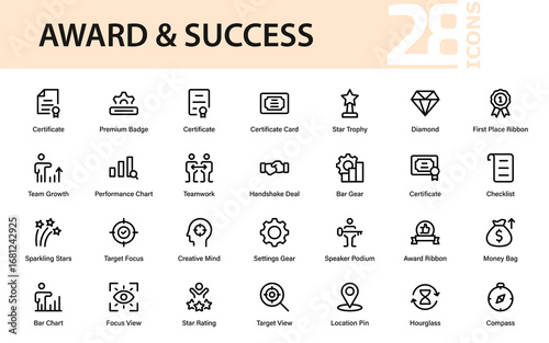 Modern Success Reward Line Icon Collection. Professional achievement, recognition, and medal symbol vector pack with premium business finance illustration design.