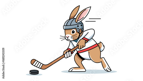 Rabbit Hockey Player: A charming illustration of a rabbit dressed in hockey gear, confidently handling a hockey stick and puck, ready to compete in the arena.