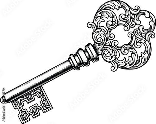 Key: A detailed line art illustration of a vintage skeleton key with an ornate, scrolling handle, in a classic, hand-drawn style.