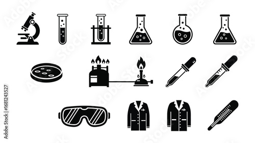 Science Essentials: A compilation of monochrome scientific tools for laboratory work, perfect for education and research. Includes microscope, test tubes, beakers, petri dish, goggles, and lab coats.
