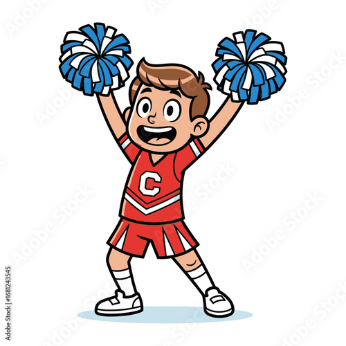 Energetic Cheerleader in Action: A cheerful cheerleader in vibrant red and white uniform, pom-poms raised high, exuding enthusiasm and school spirit.