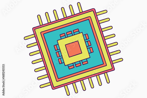 Colorful square microchip with radiating pins on a white background processor computer chip