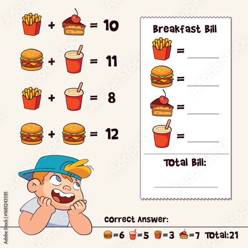 Math riddle for kids solve food equations and fill in the bill total. Add prices of burger, fries, drink and cake. Bright printable worksheet for classroom, homeschool or tutoring.