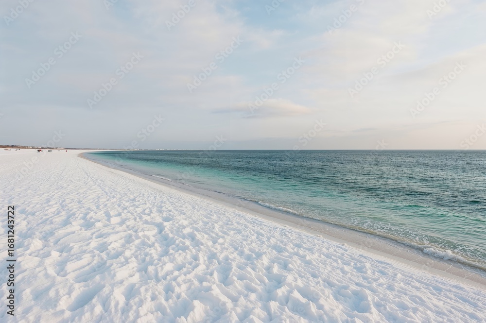 Obraz premium Sunrise over a snowy coastline by the sea