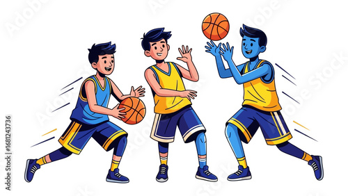 Basketball Action: Dynamic illustration of basketball players engaged in a high-energy game, with a vibrant and eye-catching illustration style.