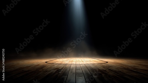 Empty basketball court under spotlight