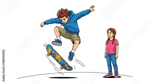 Skateboarder's Aerial Leap: A young skater executing an impressive jump, showcasing skill and agility, while a girl observes with anticipation.