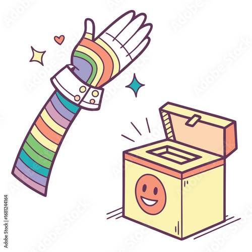 Vector illustration of Rainbow Arm Reaching Towards a Smiley Face Donation Box