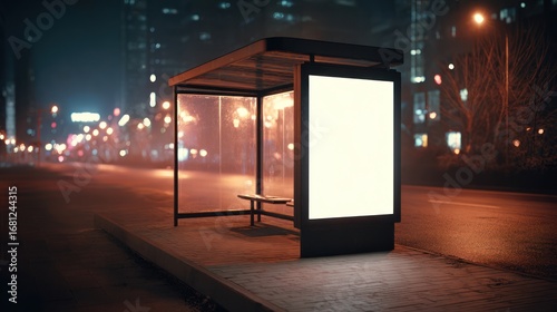 Empty bus stop shelter at night with blank billboard