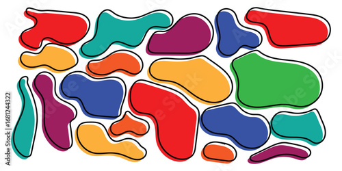 Isolated colourful outline blob icon set on white background. Different shapes hand drawn blob icon on white page. Bubble graphical elements. 