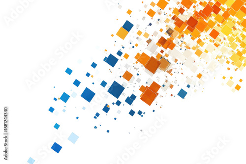Abstract explosion of blue and orange squares isolated on transparent background. Falling orange blue pixel squares isolated on white background.