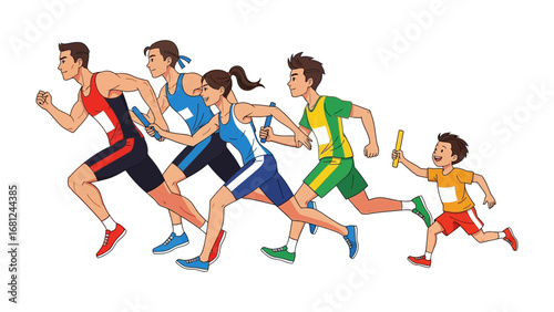Relay Race Runner: A team of dynamic relay runners sprint with determination on a vibrant track, their focused energy and synchronized movements creating a scene of competition and collaboration.