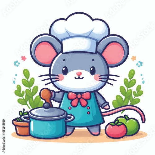 Charming Mouse Chef: A cute cartoon mouse, decked out in a chef's hat and apron, prepares a delicious meal, inviting viewers into a world of culinary delight.