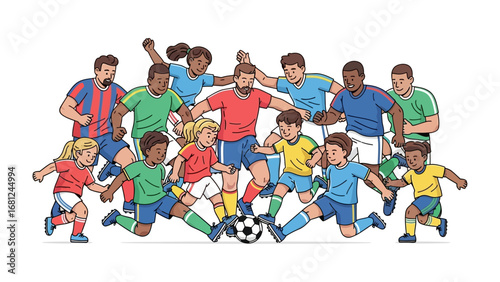 Soccer Match Illustration: Energetic illustration capturing the spirit of a soccer match, with players of all ages and backgrounds intensely focused on the ball.