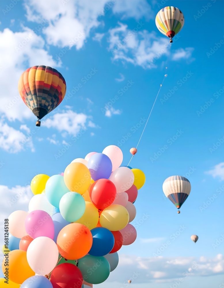 Obraz premium Colorful balloons ascend into a blue sky, with hot air balloons floating in the background, creating a whimsical and dreamy scene of celebration and freedom.