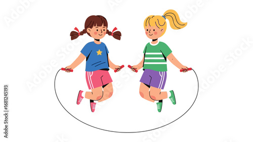 Playful Skipping Sisters: Two young girls joyfully skip rope together, their synchronized movements a testament to friendship and fun in this vibrant illustration of outdoor play.