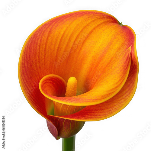 Vibrant orange calla lily flower with yellow stamen isolated on transparent background