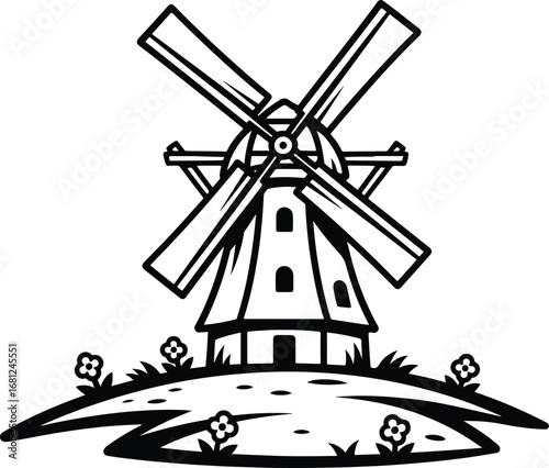 Windmill: A clean and simple line art illustration of a classic windmill on a small hill with flowers, in a charming, minimalist style.