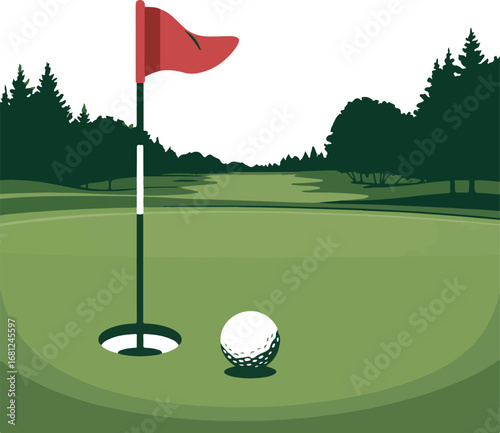 Golf course green with flag or flagstick and golf ball