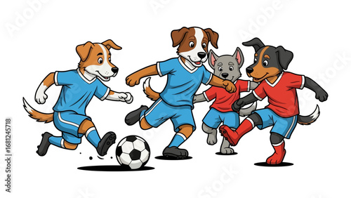 Playful Canine Kickabout: Delightful cartoon dogs engage in a spirited game of soccer, showcasing teamwork and the fun of sports, all rendered in a dynamic illustration.