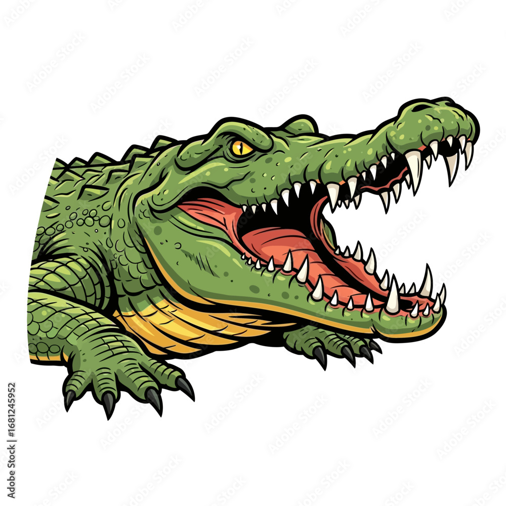 Fototapeta premium Ferocious Crocodile's Gaze: A captivating illustration showcases a formidable crocodile, its jaws agape in a display of primal power, showcasing the raw, untamed essence of nature.