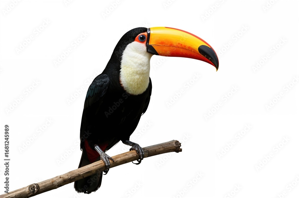 Naklejka premium Wildlife environments in tropical jungles. Large-beaked bird, also called a keel-billed toucan, resting on a tree branch in dense forest regions. Exploring the natural habitats of exotic birds.