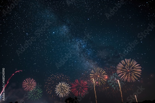 Wallpaper Mural Fireworks light up the sky with the galaxy visible far away Torontodigital.ca