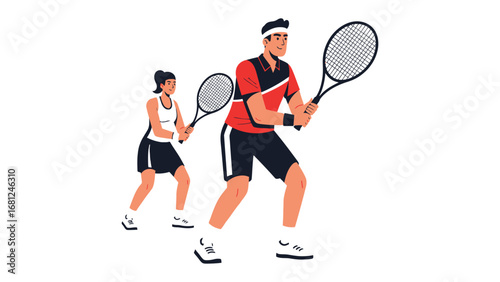Tennis Match Dynamics: A captivating illustration featuring a man and woman engaged in a dynamic tennis match, rackets at the ready. capturing energy, motion, and focus.