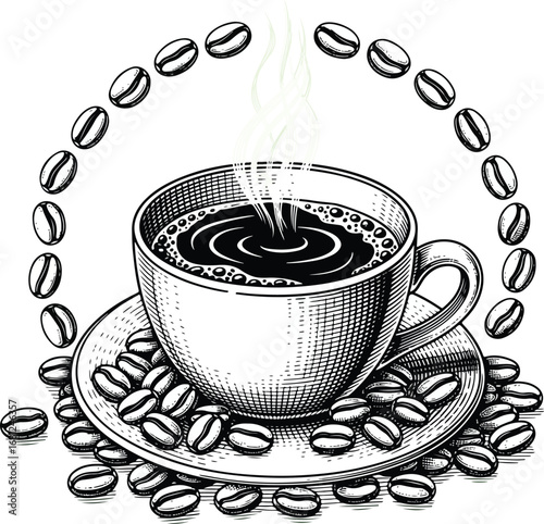 Coffee: A detailed line art illustration of a cup of coffee with steam, surrounded by coffee beans, creating a clean, classic, and rustic aesthetic.