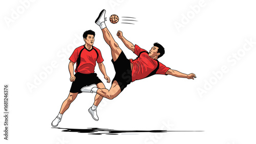 Dynamic Sepak Takraw Action: Two athletes engage in a high-octane match of Sepak Takraw, showcasing the incredible athleticism and artistry of this dynamic sport with detailed illustration.