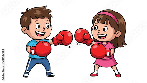 Young Boxers: Two young children, full of youthful energy and playful determination, spar with red boxing gloves, capturing the spirit of fun and friendly competition.