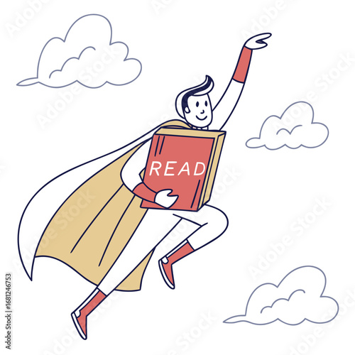 Vector illustration of Superhero with a book flying through clouds, promoting reading