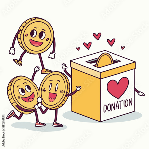 Vector illustration of Cartoon coins happily donating to a donation box with hearts