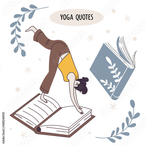 Vector illustration of Woman in yoga pose on open book with "Yoga Quotes" text