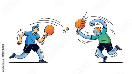 Dynamic Table Tennis Duel: A vibrant illustration captures the thrill of table tennis, showcasing a fast-paced rally between two players.