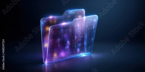 Futuristic glowing folder icon with digital light effects and transparent holographic design on dark background