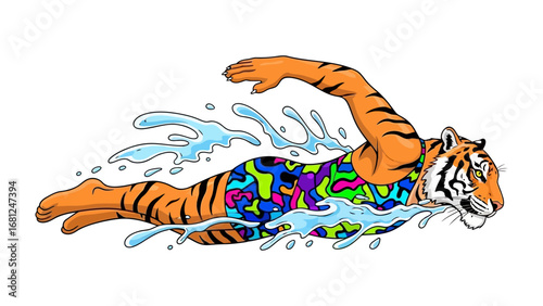 Tiger Swimming Through Water: An energetic tiger sports figure swimming freestyle, illustrating the powerful motion of the animal.