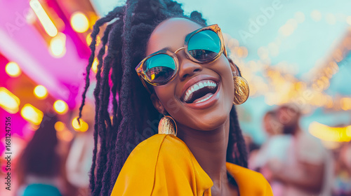 Radiant Black woman with dreadlocks and stylish reflective sunglasses laughing joyfully amidst vibrant, blurred lights of lively outdoor festival