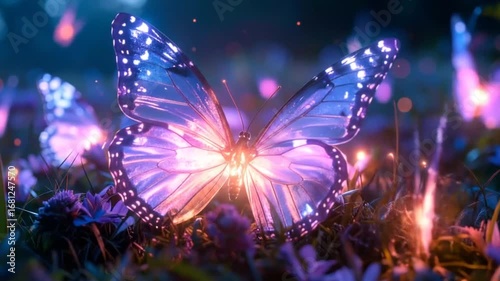 Glowing Butterflies Fluttering in a Magical Garden at Night