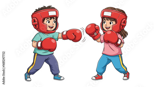 Young Boxers in Action: Two young children are engaged in a boxing match, their faces bright with energy and focus, wearing protective headgear and gloves.