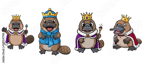 Cartoon platypuses are dressed as royal figures. Cute, animals, king, queen, royalty, whimsical