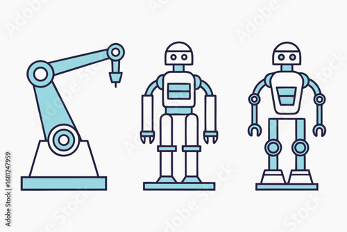 Industrial robot arm and two humanoid robots on white background robotics automation